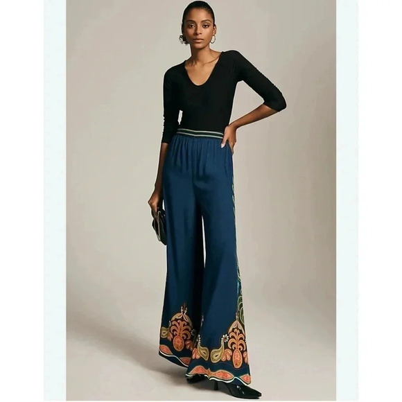 New Farm Rio Anthropologie High Rise Wide Leg Trouser Pants Tropical - Picture 14 of 15